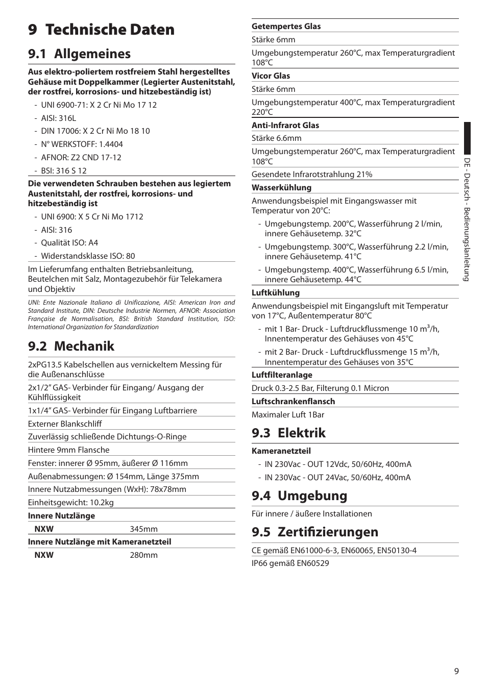 9 technische daten, 1 allgemeines, 2 mechanik | 3 elektrik, 4 umgebung, 5 zertifizierungen | Videotec NXW User Manual | Page 41 / 44