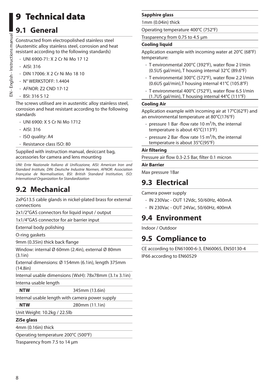 9 technical data, 1 general, 2 mechanical | 3 electrical, 4 environment, 5 compliance to | Videotec NTW User Manual | Page 10 / 44