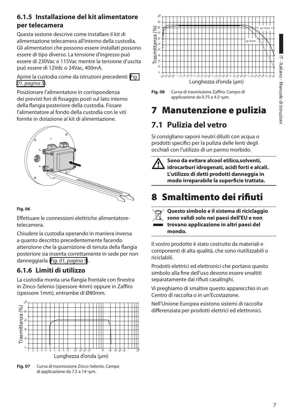 6 limiti di utilizzo, 7 manutenzione e pulizia, 1 pulizia del vetro | 8 smaltimento dei rifiuti | Videotec NTW User Manual | Page 19 / 44