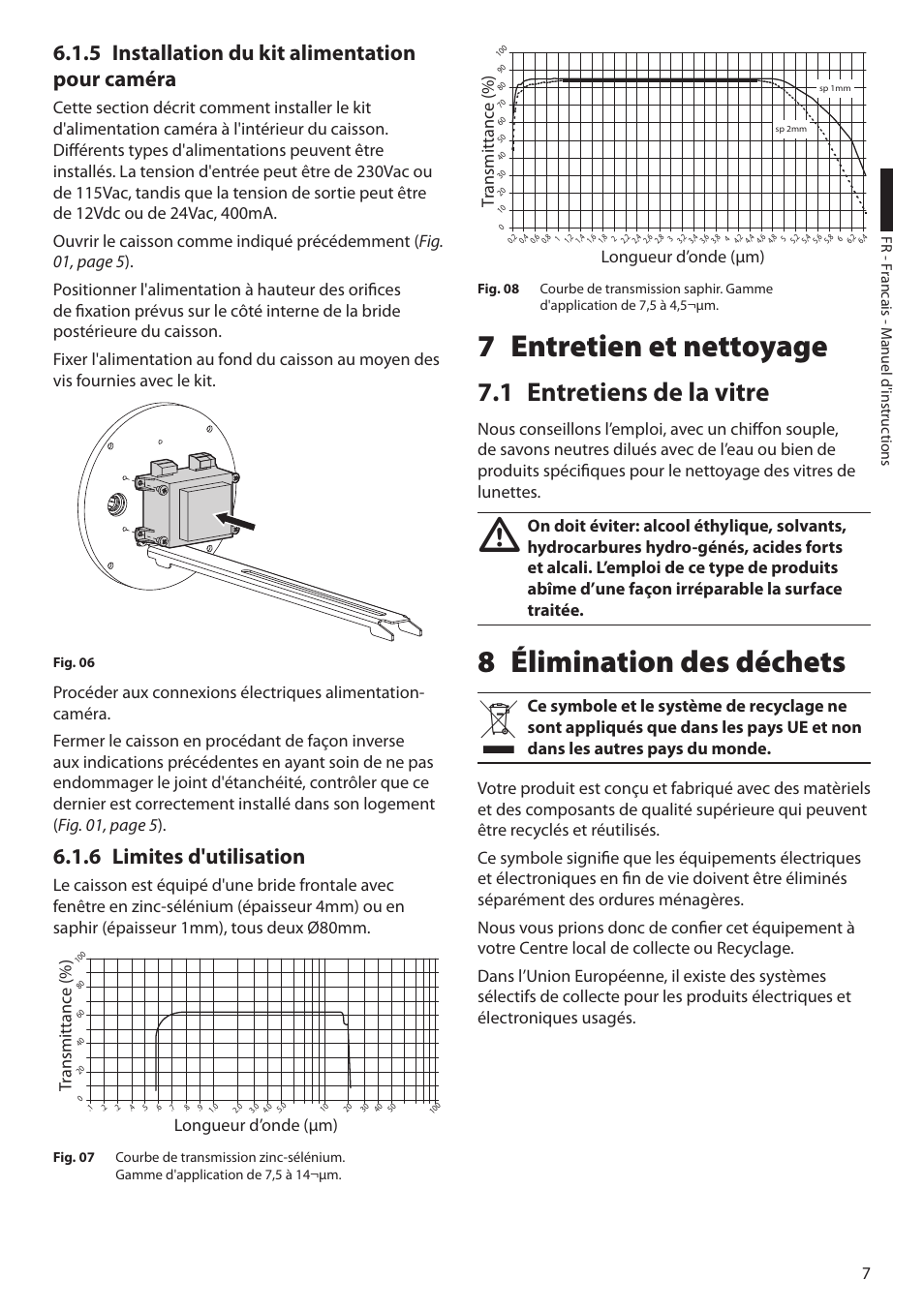 5 installation du kit alimentation pour caméra, 6 limites d'utilisation, 7 entretien et nettoyage | 1 entretiens de la vitre, 8 élimination des déchets | Videotec NTW User Manual | Page 29 / 44