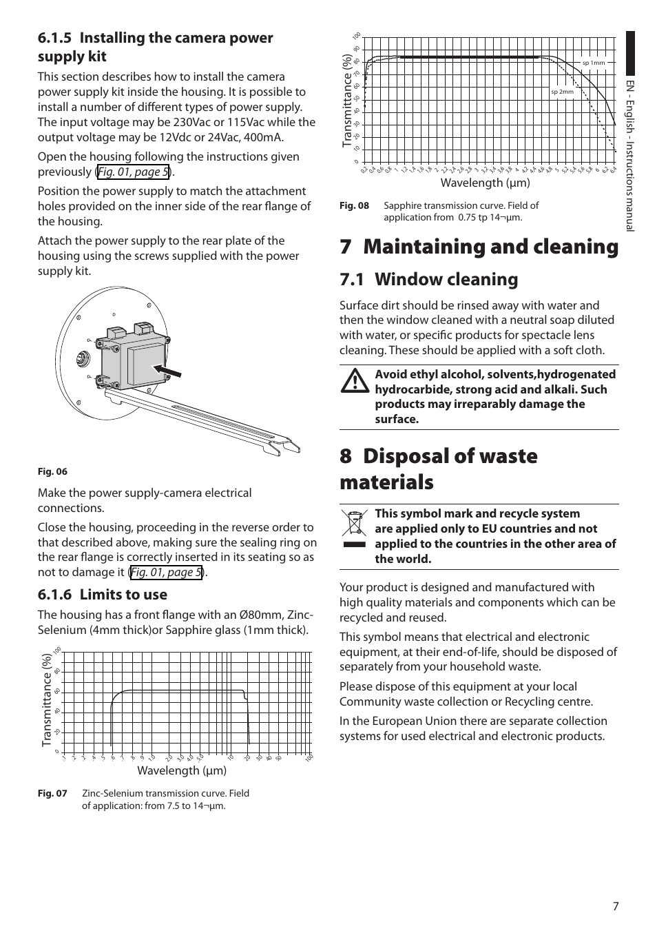 5 installing the camera power supply kit, 6 limits to use, 7 maintaining and cleaning | 1 window cleaning, 8 disposal of waste materials | Videotec NTW User Manual | Page 9 / 44