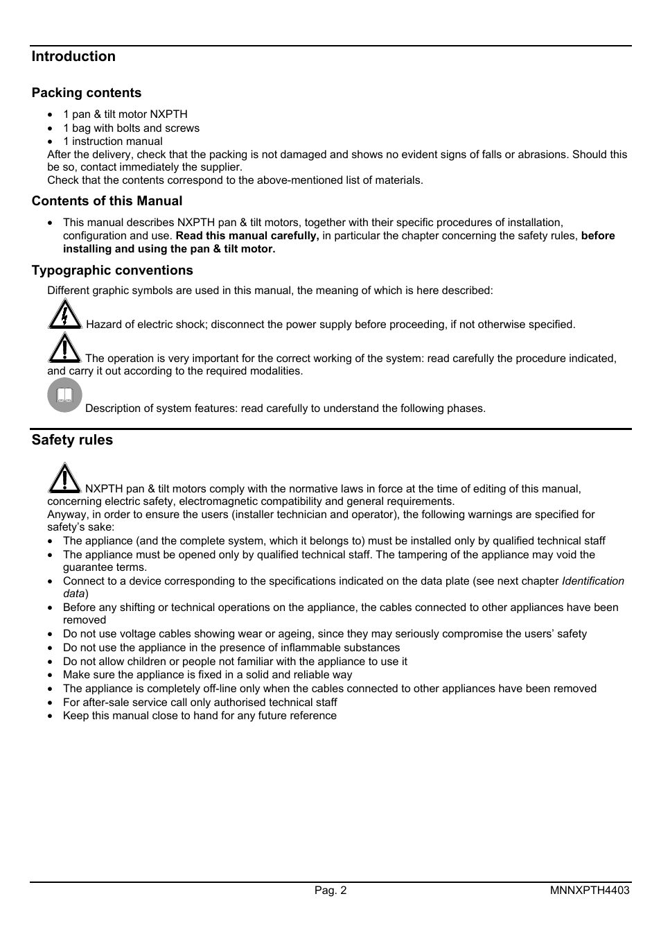 Introduction, Safety rules | Videotec NXPTH User Manual | Page 16 / 42