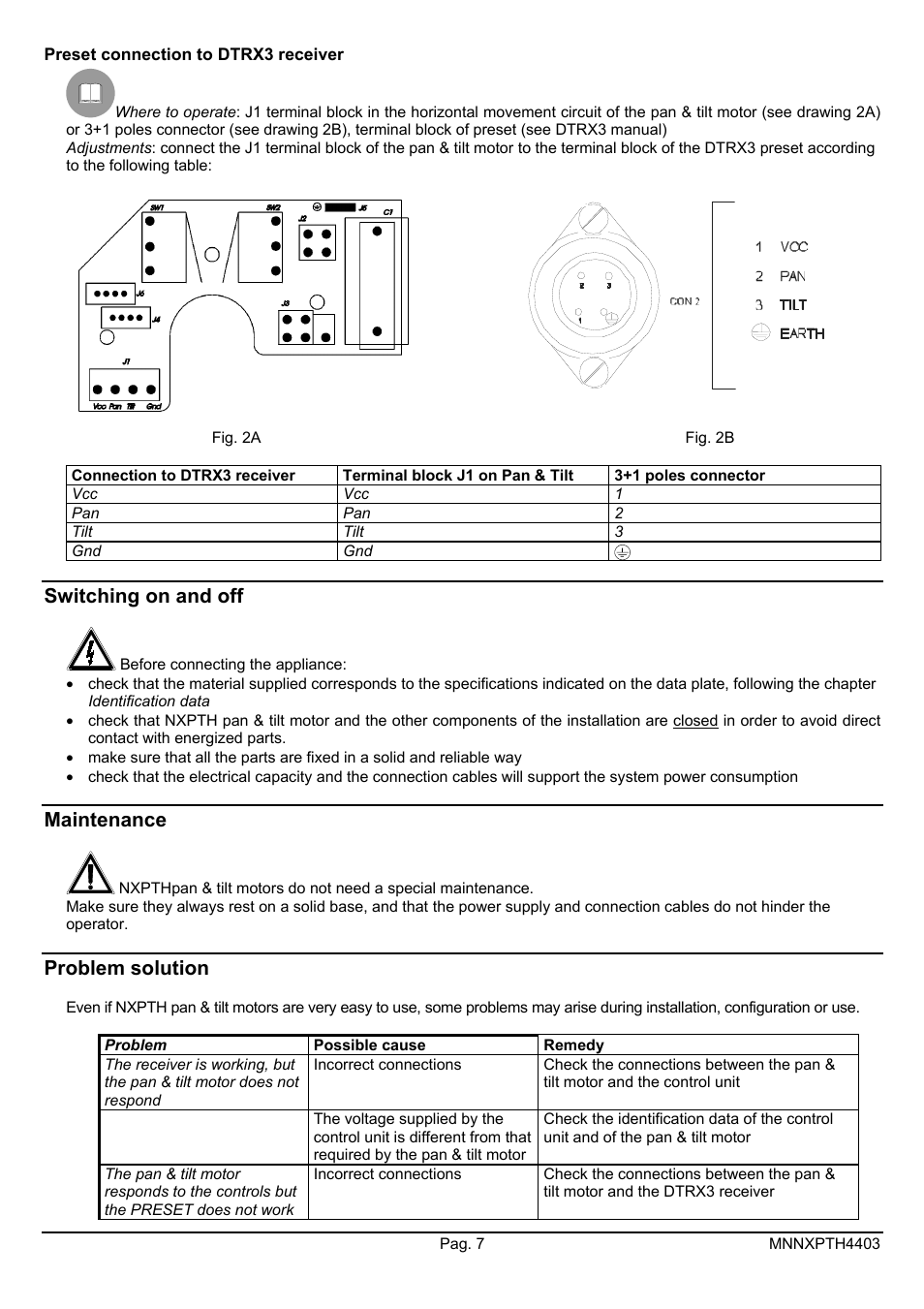 Switching on and off, Maintenance, Problem solution | Videotec NXPTH User Manual | Page 21 / 42