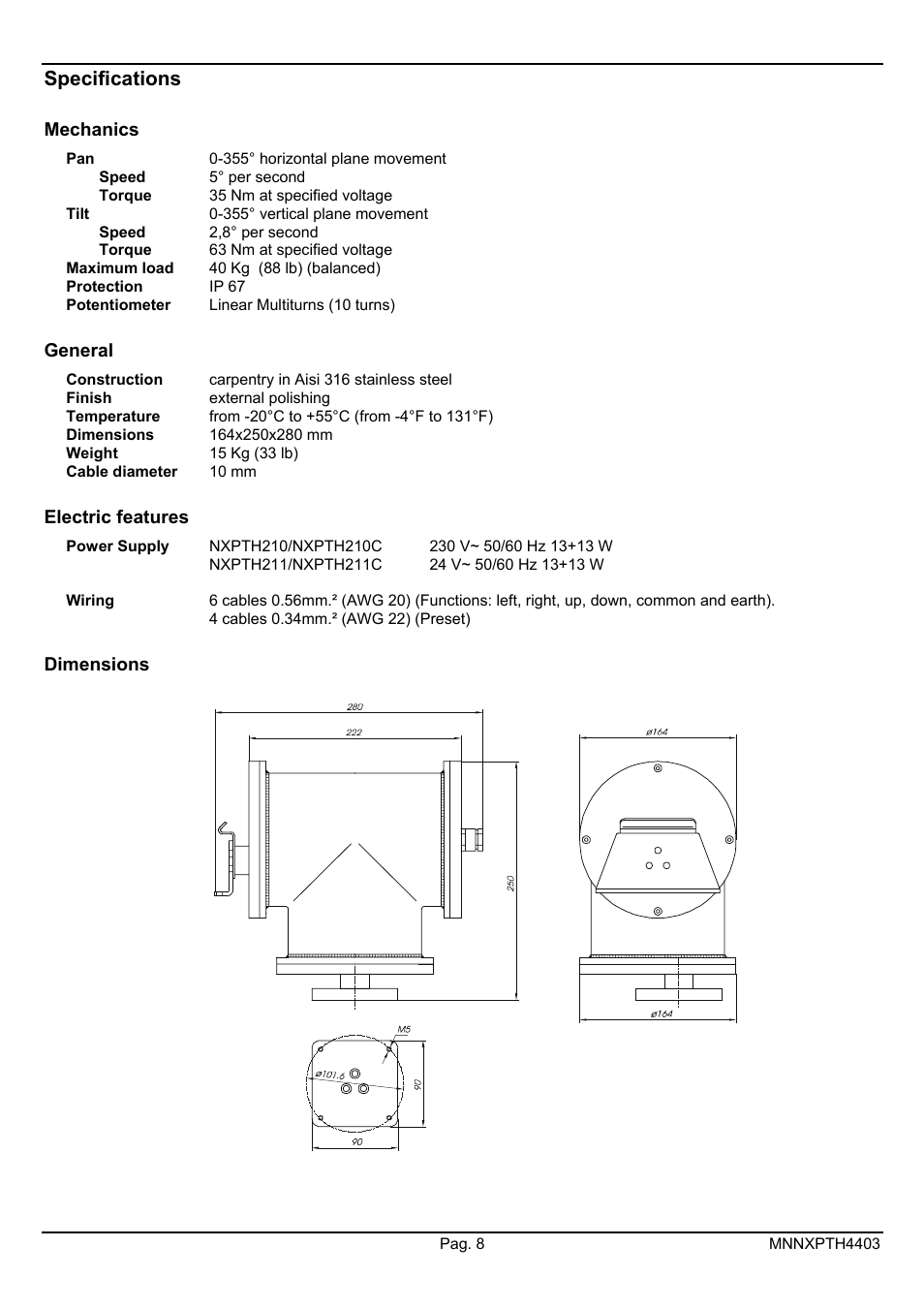 Specifications | Videotec NXPTH User Manual | Page 22 / 42