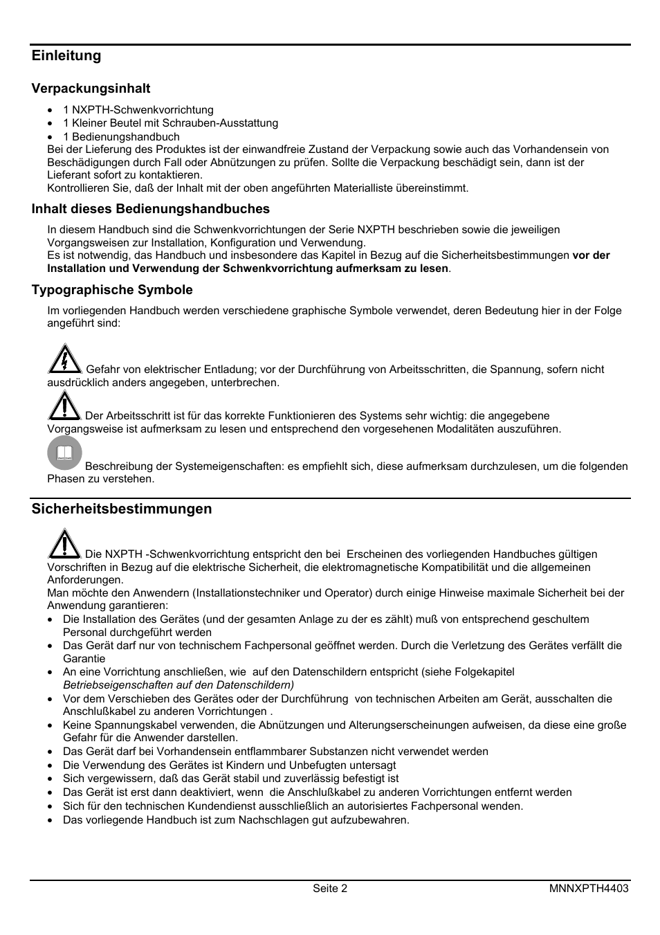 Einleitung, Sicherheitsbestimmungen | Videotec NXPTH User Manual | Page 36 / 42
