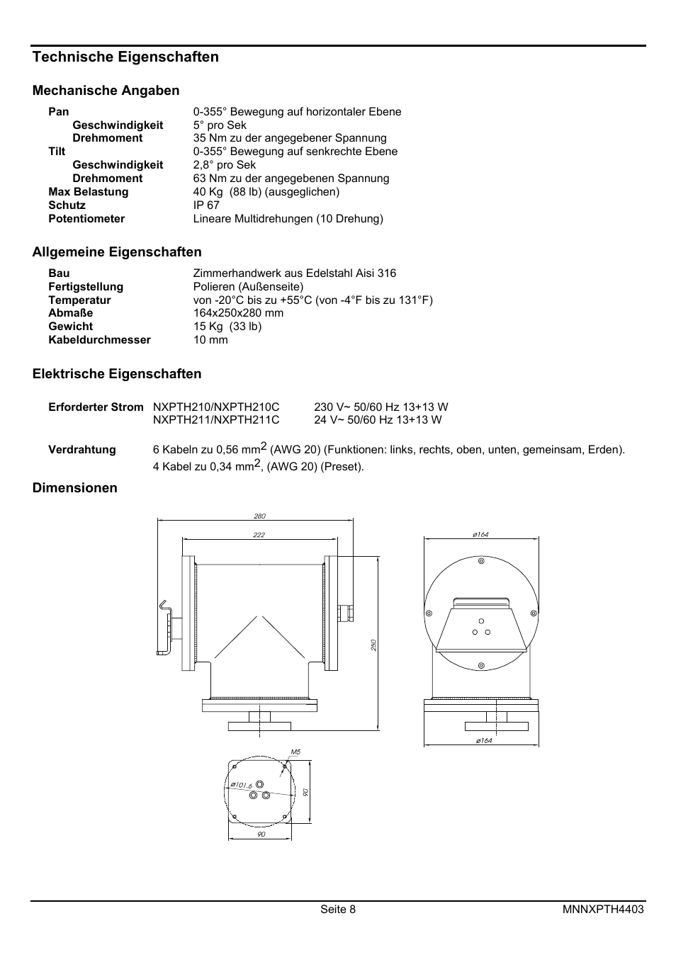 Technische eigenschaften | Videotec NXPTH User Manual | Page 42 / 42