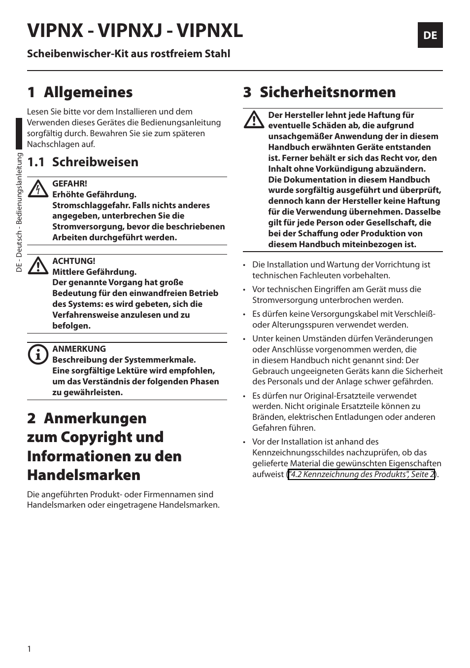 Deutsch, 1 allgemeines, 1 schreibweisen | 3 sicherheitsnormen, Vipnx - vipnxj - vipnxl | Videotec VIPNX User Manual | Page 18 / 24