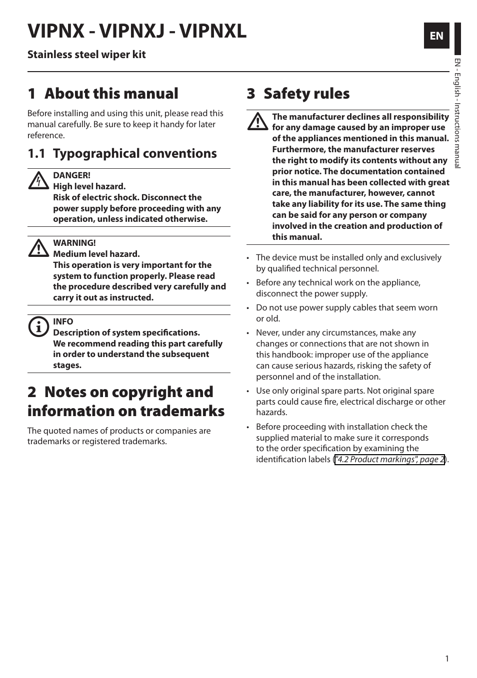English, 1 about this manual, 1 typographical conventions | 2 notes on copyright and information on trademarks, 3 safety rules, Vipnx - vipnxj - vipnxl | Videotec VIPNX User Manual | Page 3 / 24