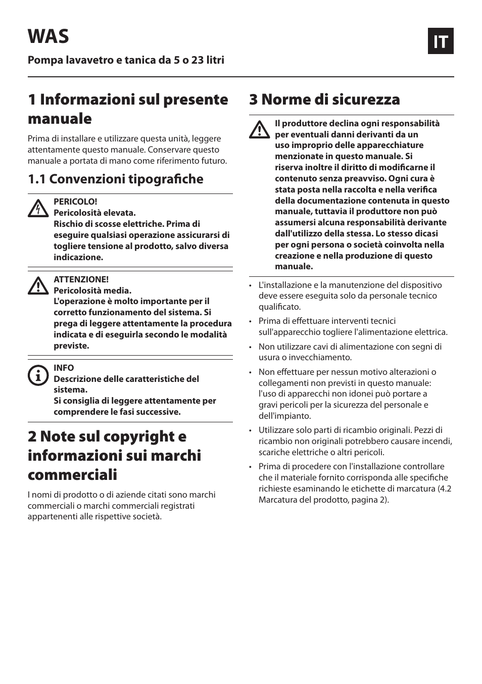 Italiano, 1 informazioni sul presente manuale, 1 convenzioni tipografiche | 3 norme di sicurezza | Videotec WAS User Manual | Page 11 / 36