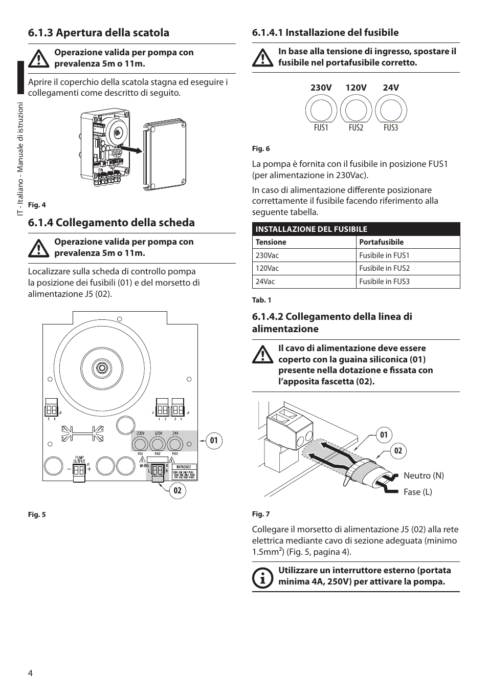 3 apertura della scatola, 4 collegamento della scheda, 1 installazione del fusibile | 2 collegamento della linea di alimentazione | Videotec WAS User Manual | Page 14 / 36