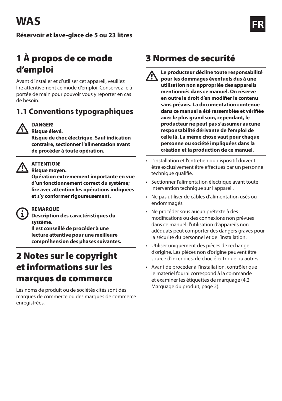 Français, 1 à propos de ce mode d’emploi, 1 conventions typographiques | 3 normes de securité | Videotec WAS User Manual | Page 19 / 36