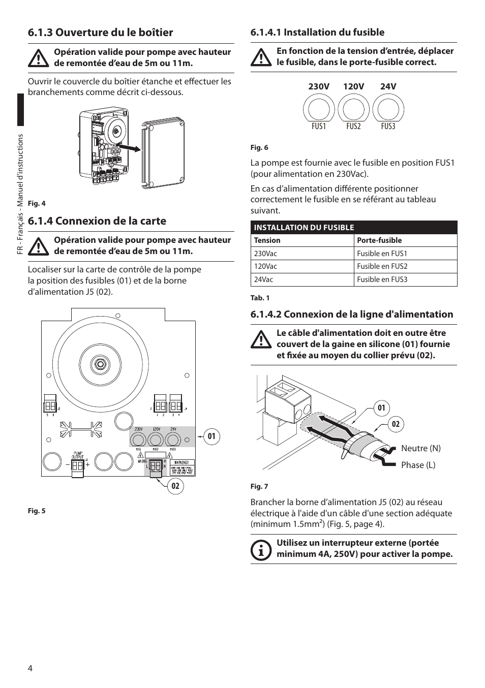 3 ouverture du le boîtier, 4 connexion de la carte, 1 installation du fusible | 2 connexion de la ligne d'alimentation | Videotec WAS User Manual | Page 22 / 36