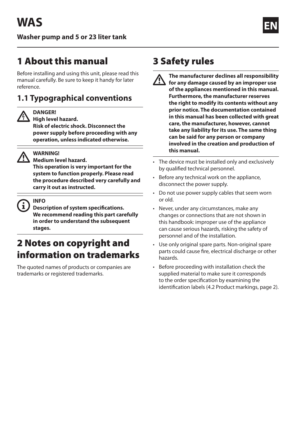 English, 1 about this manual, 1 typographical conventions | 2 notes on copyright and information on trademarks, 3 safety rules | Videotec WAS User Manual | Page 3 / 36
