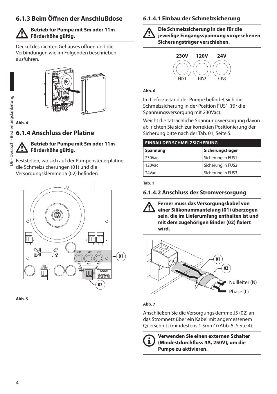 3 beim öffnen der anschlußdose, 4 anschluss der platine, 1 einbau der schmelzsicherung | 2 anschluss der stromversorgung | Videotec WAS User Manual | Page 30 / 36