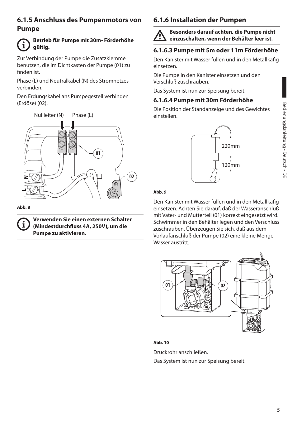 5 anschluss des pumpenmotors von pumpe, 6 installation der pumpen, 3 pumpe mit 5m oder 11m förderhöhe | 4 pumpe mit 30m förderhöhe | Videotec WAS User Manual | Page 31 / 36