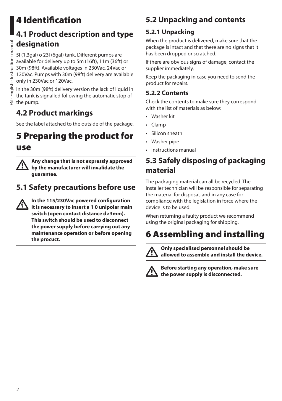 4 identification, 1 product description and type designation, 2 product markings | 5 preparing the product for use, 1 safety precautions before use, 2 unpacking and contents, 1 unpacking, 2 contents, 3 safely disposing of packaging material, 6 assembling and installing | Videotec WAS User Manual | Page 4 / 36