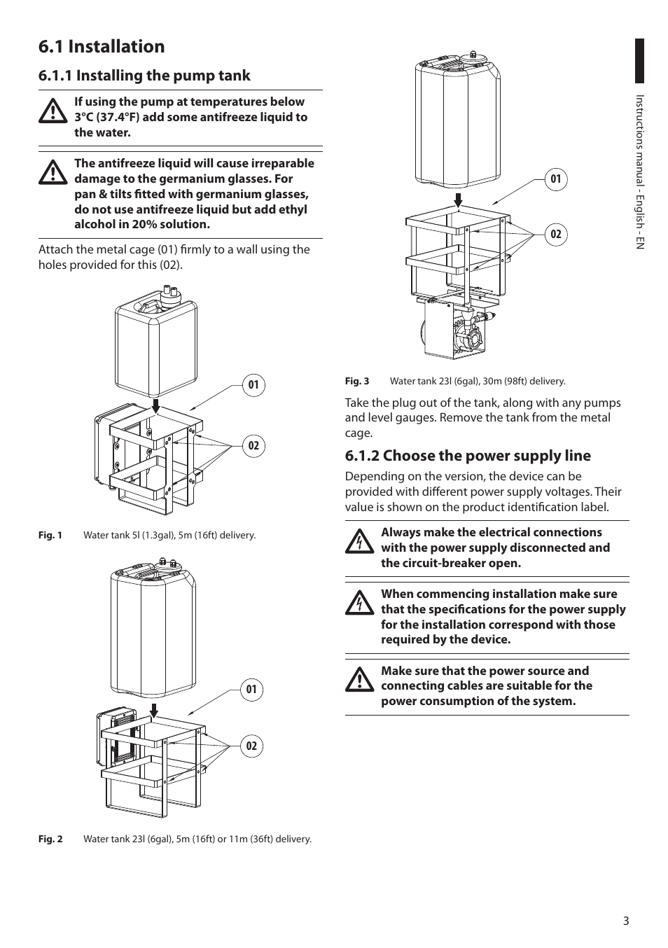1 installation, 1 installing the pump tank, 2 choose the power supply line | Videotec WAS User Manual | Page 5 / 36