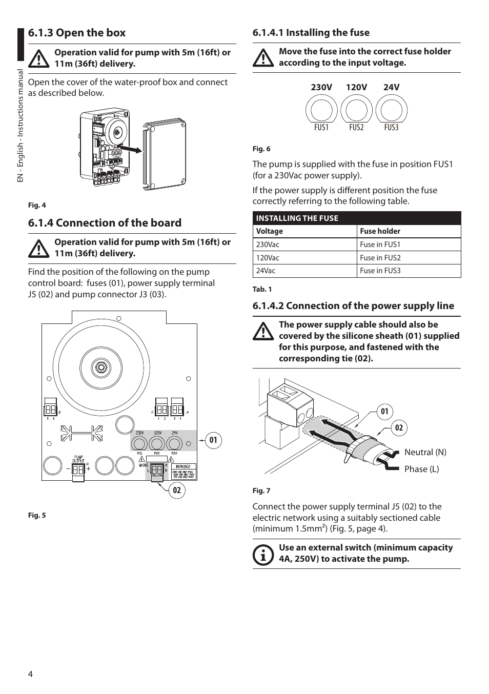 3 open the box, 4 connection of the board, 1 installing the fuse | 2 connection of the power supply line | Videotec WAS User Manual | Page 6 / 36