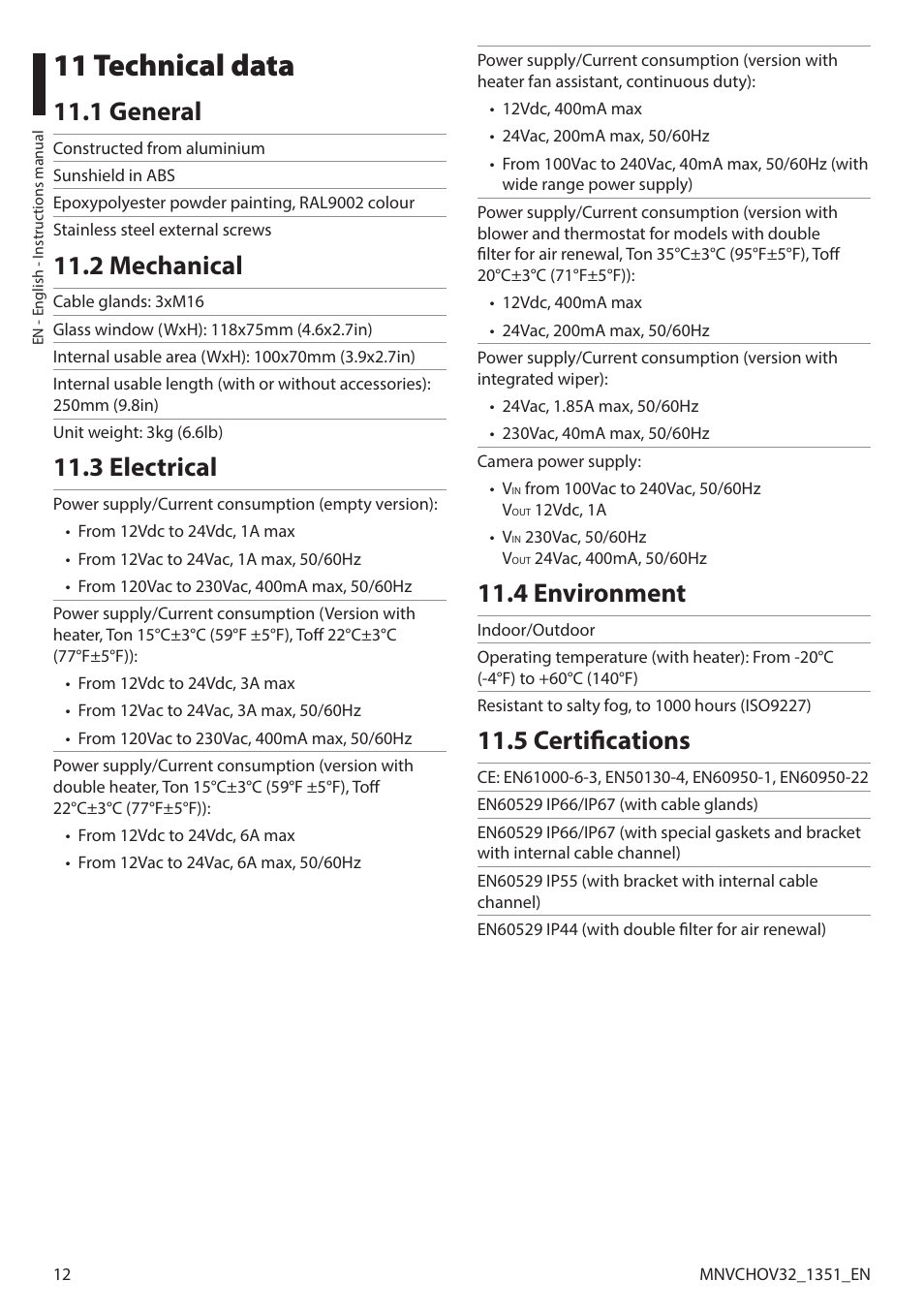 11 technical data, 1 general, 2 mechanical | 3 electrical, 4 environment, 5 certifications | Videotec HOV User Manual | Page 14 / 60