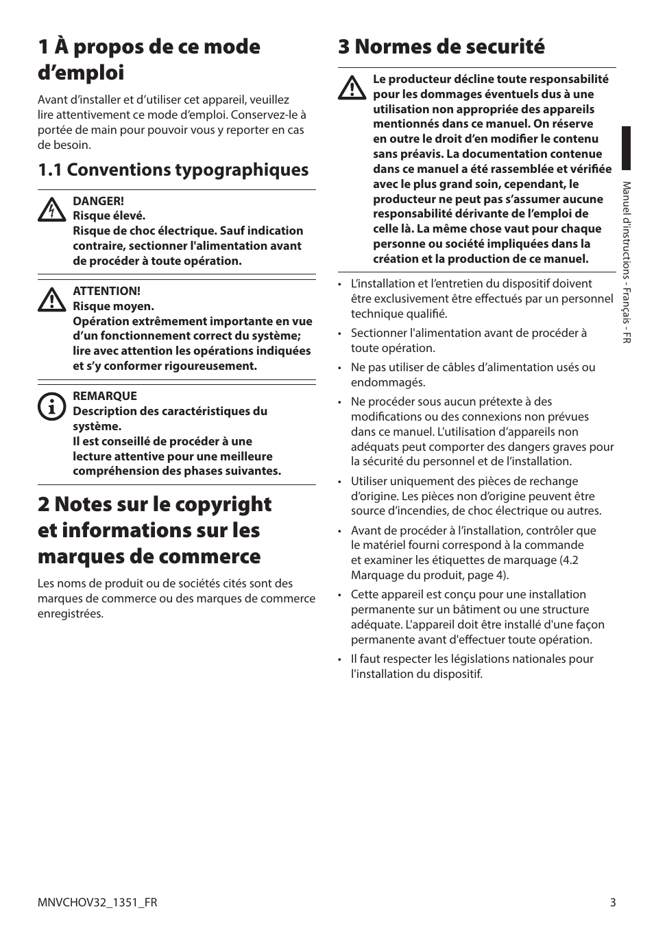 1 à propos de ce mode d’emploi, 1 conventions typographiques, 3 normes de securité | Videotec HOV User Manual | Page 33 / 60