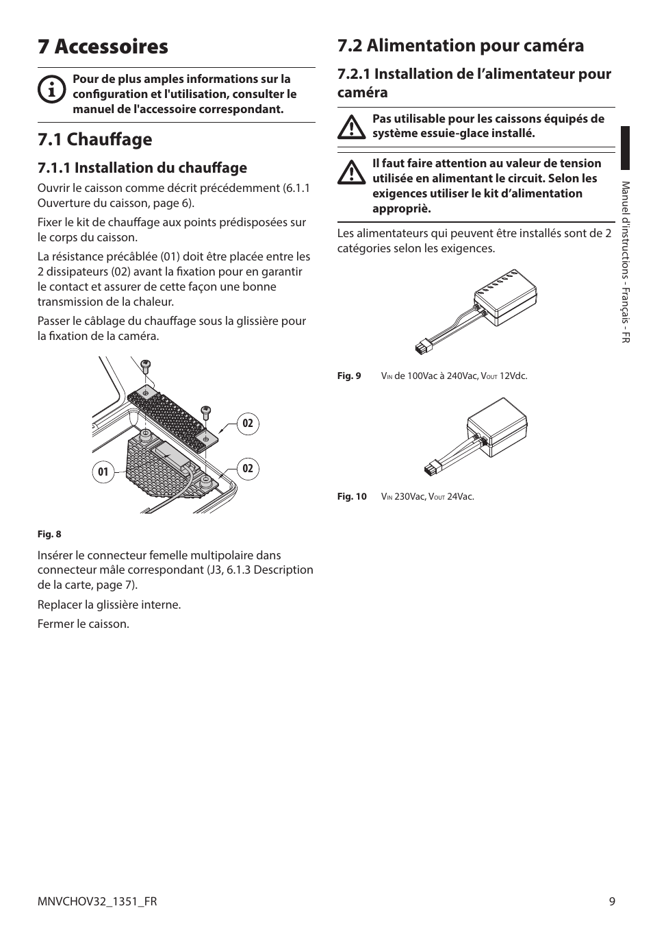 7 accessoires, 1 chauffage, 1 installation du chauffage | 2 alimentation pour caméra, 1 installation de l’alimentateur pour caméra | Videotec HOV User Manual | Page 39 / 60