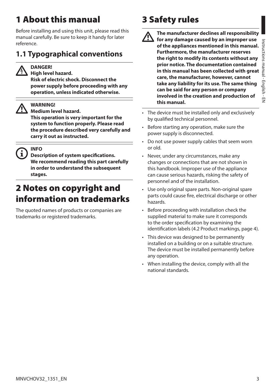 1 about this manual, 1 typographical conventions, 2 notes on copyright and information on trademarks | 3 safety rules | Videotec HOV User Manual | Page 5 / 60