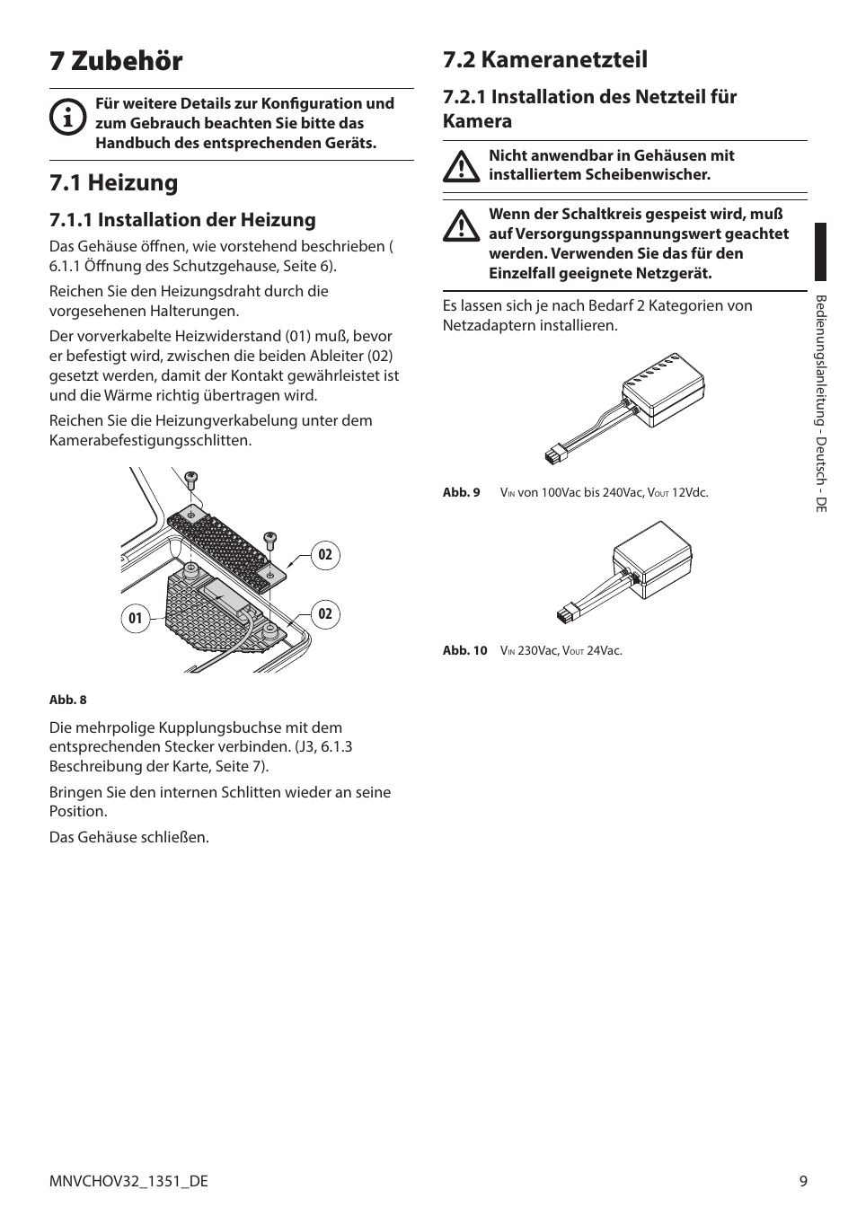 7 zubehör, 1 heizung, 1 installation der heizung | 2 kameranetzteil, 1 installation des netzteil für kamera | Videotec HOV User Manual | Page 53 / 60