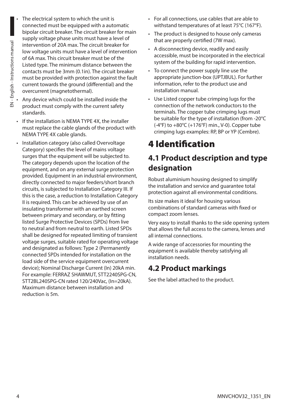 4 identification, 1 product description and type designation, 2 product markings | Videotec HOV User Manual | Page 6 / 60