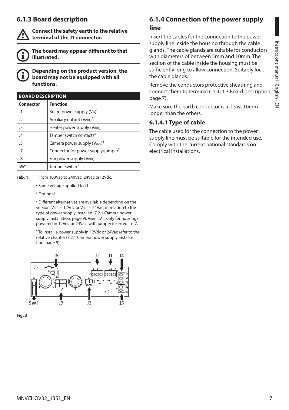 3 board description, 4 connection of the power supply line, 1 type of cable | Videotec HOV User Manual | Page 9 / 60