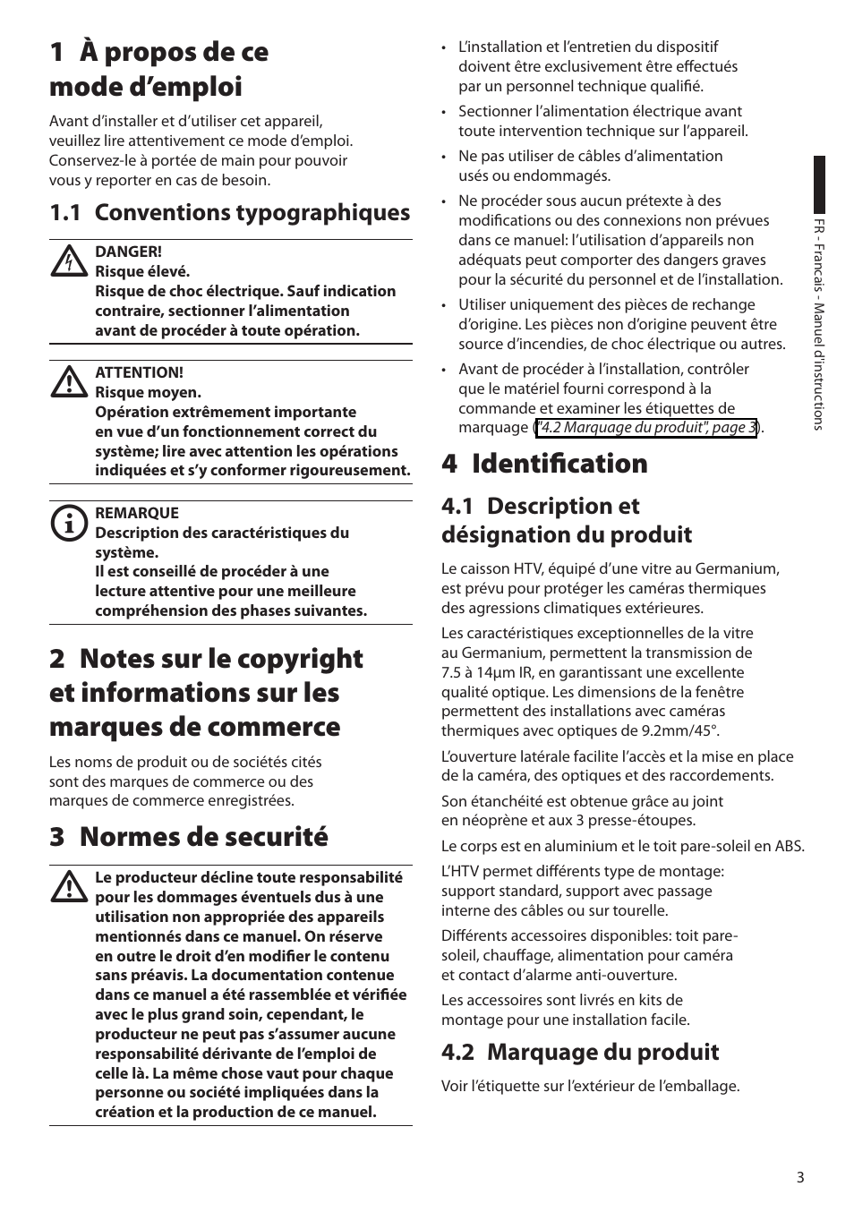 1 à propos de ce mode d’emploi, 1 conventions typographiques, 3 normes de securité | 4 identification, 1 description et désignation du produit, 2 marquage du produit | Videotec HTV User Manual | Page 21 / 36