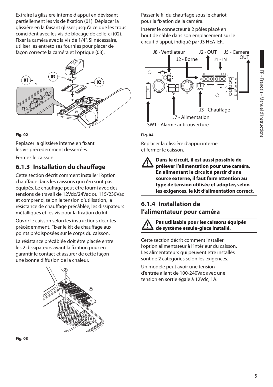 3 installation du chauffage, 4 installation de l’alimentateur pour caméra | Videotec HTV User Manual | Page 23 / 36