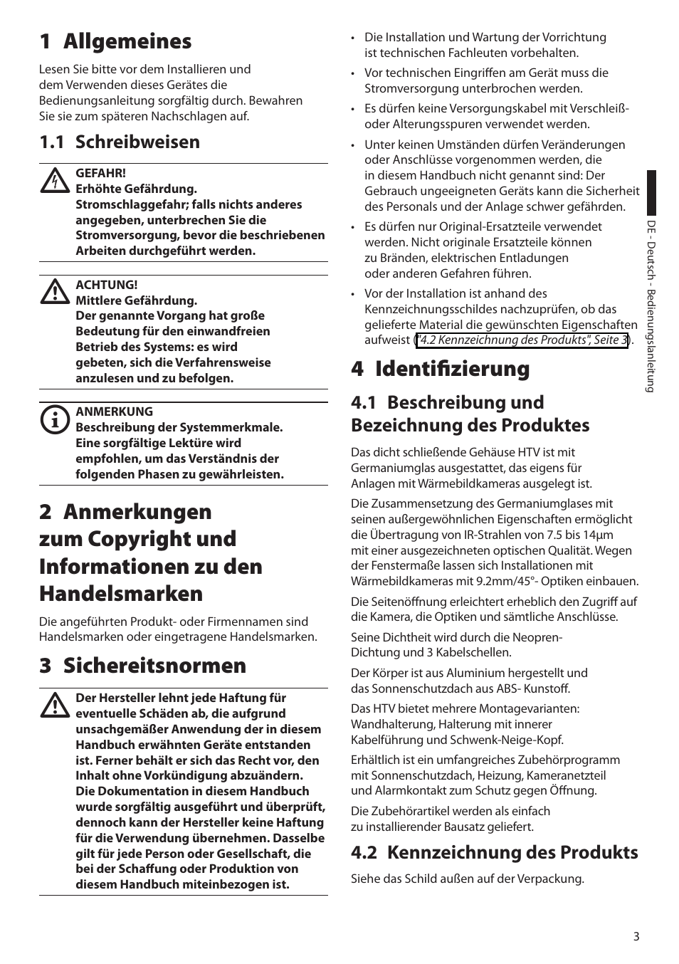 1 allgemeines, 1 schreibweisen, 3 sichereitsnormen | 4 identifizierung, 1 beschreibung und bezeichnung des produktes, 2 kennzeichnung des produkts | Videotec HTV User Manual | Page 29 / 36
