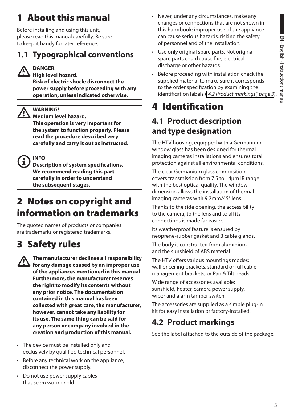 1 about this manual, 1 typographical conventions, 2 notes on copyright and information on trademarks | 3 safety rules, 4 identification, 1 product description and type designation, 2 product markings | Videotec HTV User Manual | Page 5 / 36