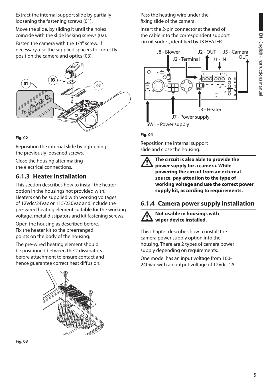 3 heater installation, 4 camera power supply installation | Videotec HTV User Manual | Page 7 / 36