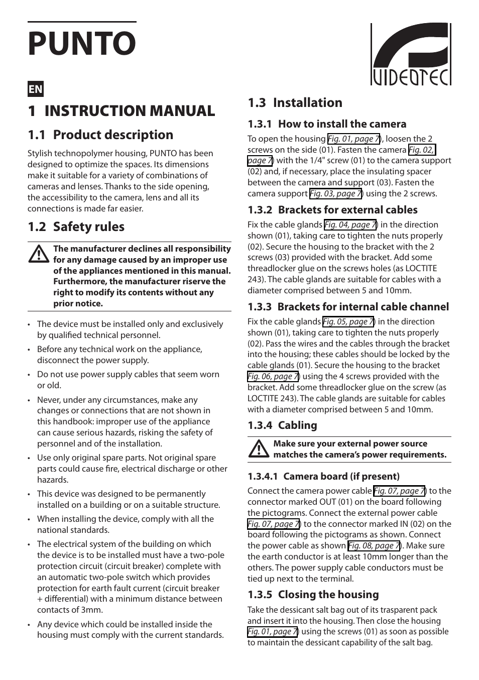 Videotec PUNTO User Manual | 8 pages