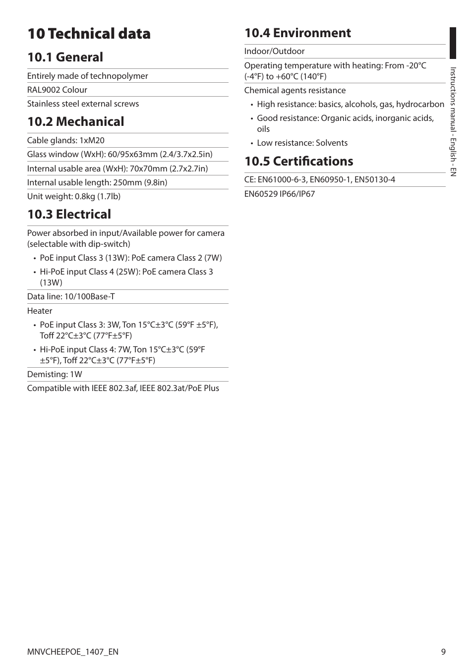 10 technical data, 1 general, 2 mechanical | 3 electrical, 4 environment, 5 certifications | Videotec PUNTO HI-PoE User Manual | Page 11 / 44