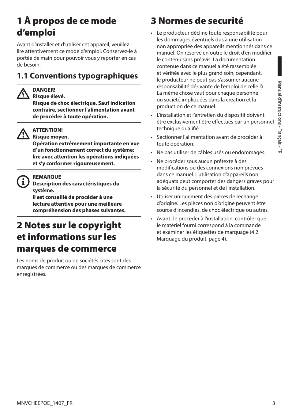 1 à propos de ce mode d’emploi, 1 conventions typographiques, 3 normes de securité | Videotec PUNTO HI-PoE User Manual | Page 25 / 44