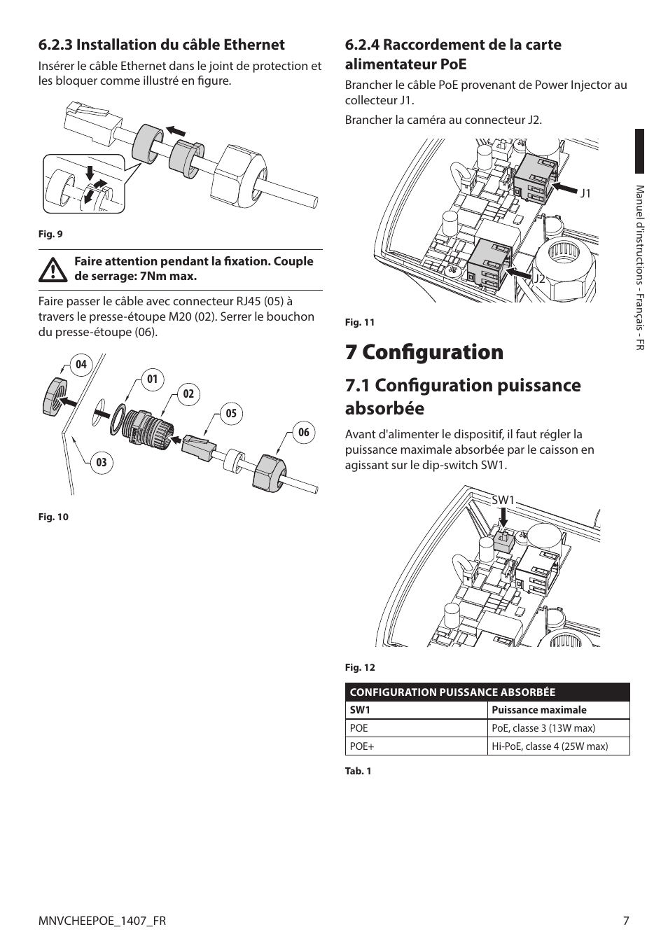 3 installation du câble ethernet, 4 raccordement de la carte alimentateur poe, 7 configuration | 1 configuration puissance absorbée | Videotec PUNTO HI-PoE User Manual | Page 29 / 44