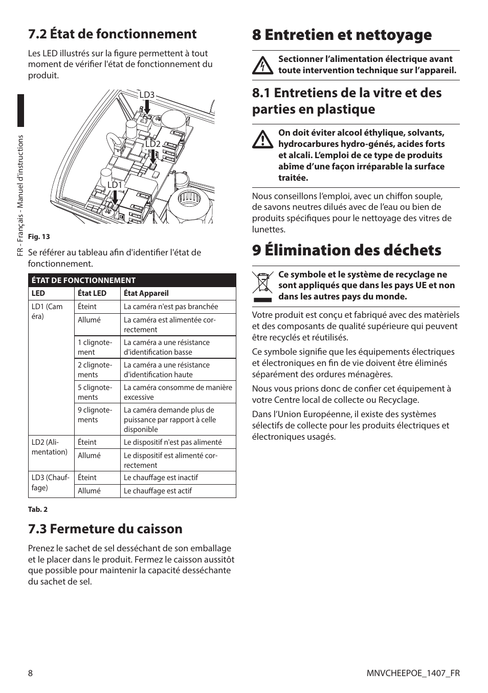 2 état de fonctionnement, 3 fermeture du caisson, 8 entretien et nettoyage | 9 élimination des déchets, 2 état de fonctionnement 7.3 fermeture du caisson | Videotec PUNTO HI-PoE User Manual | Page 30 / 44