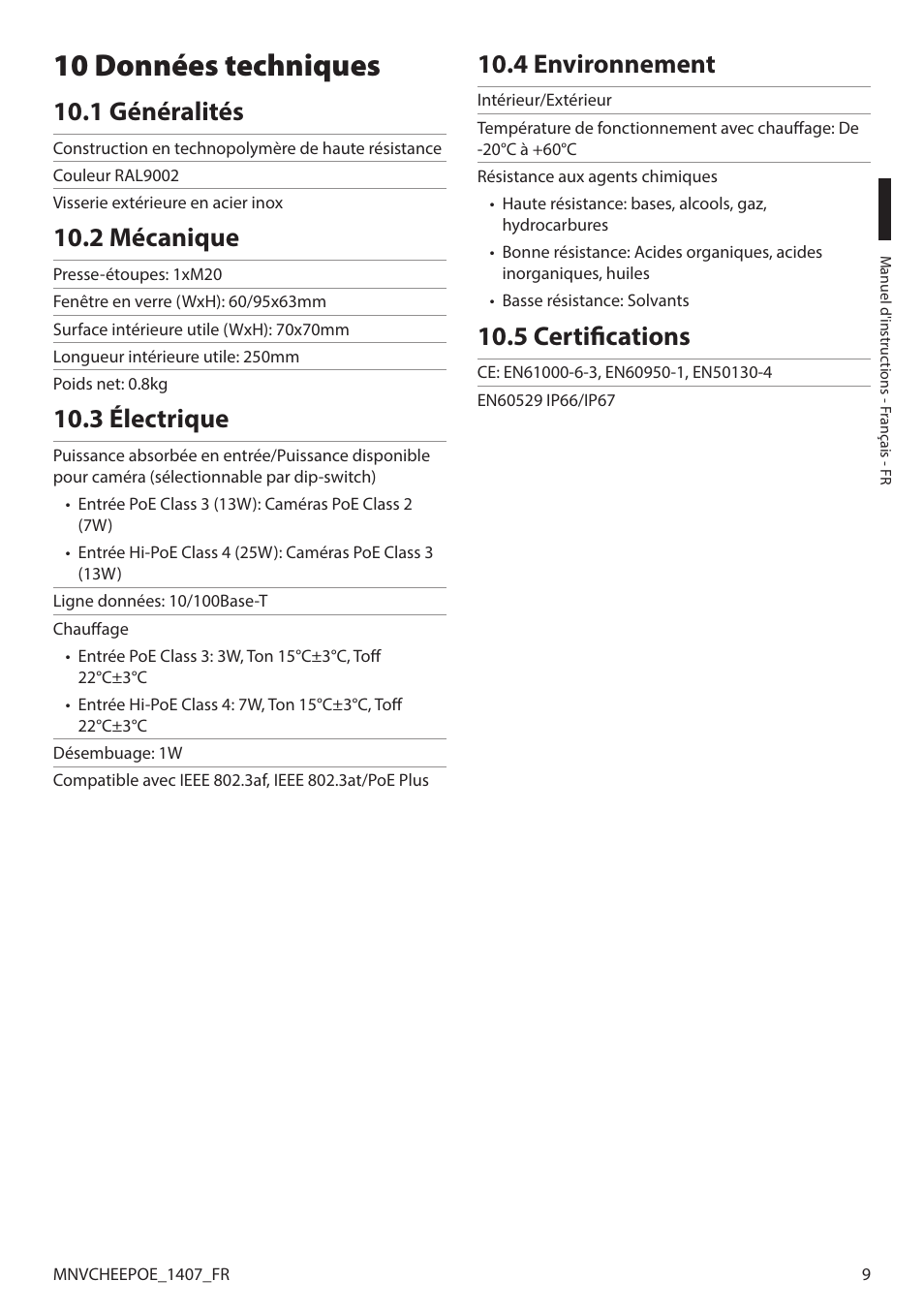 10 données techniques, 1 généralités, 2 mécanique | 3 électrique, 4 environnement, 5 certifications | Videotec PUNTO HI-PoE User Manual | Page 31 / 44