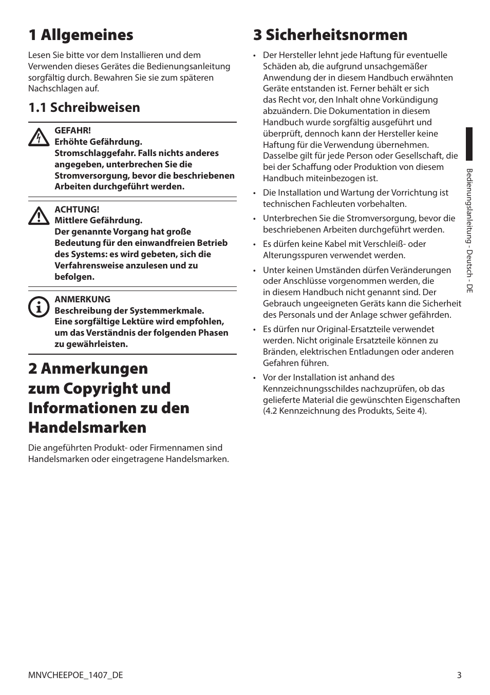 1 allgemeines, 1 schreibweisen, 3 sicherheitsnormen | Videotec PUNTO HI-PoE User Manual | Page 35 / 44