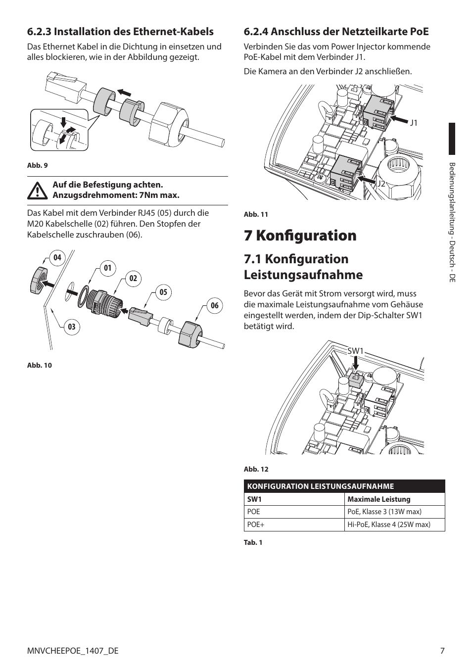 3 installation des ethernet-kabels, 4 anschluss der netzteilkarte poe, 7 konfiguration | 1 konfiguration leistungsaufnahme | Videotec PUNTO HI-PoE User Manual | Page 39 / 44