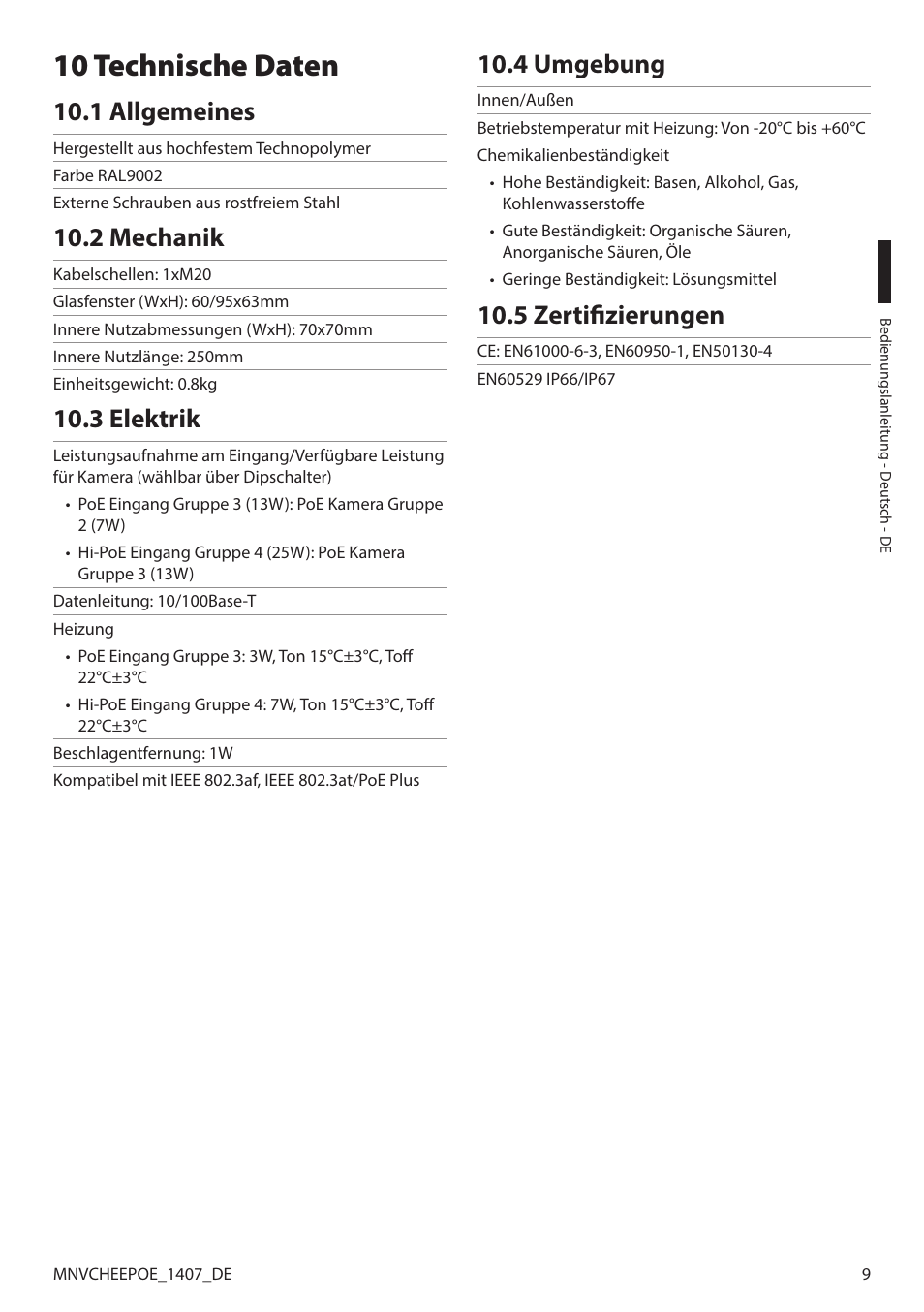 10 technische daten, 1 allgemeines, 2 mechanik | 3 elektrik, 4 umgebung, 5 zertifizierungen | Videotec PUNTO HI-PoE User Manual | Page 41 / 44