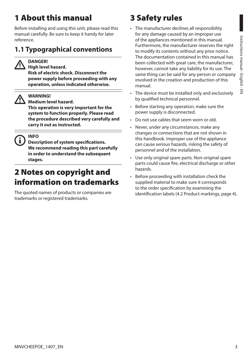 1 about this manual, 1 typographical conventions, 2 notes on copyright and information on trademarks | 3 safety rules | Videotec PUNTO HI-PoE User Manual | Page 5 / 44