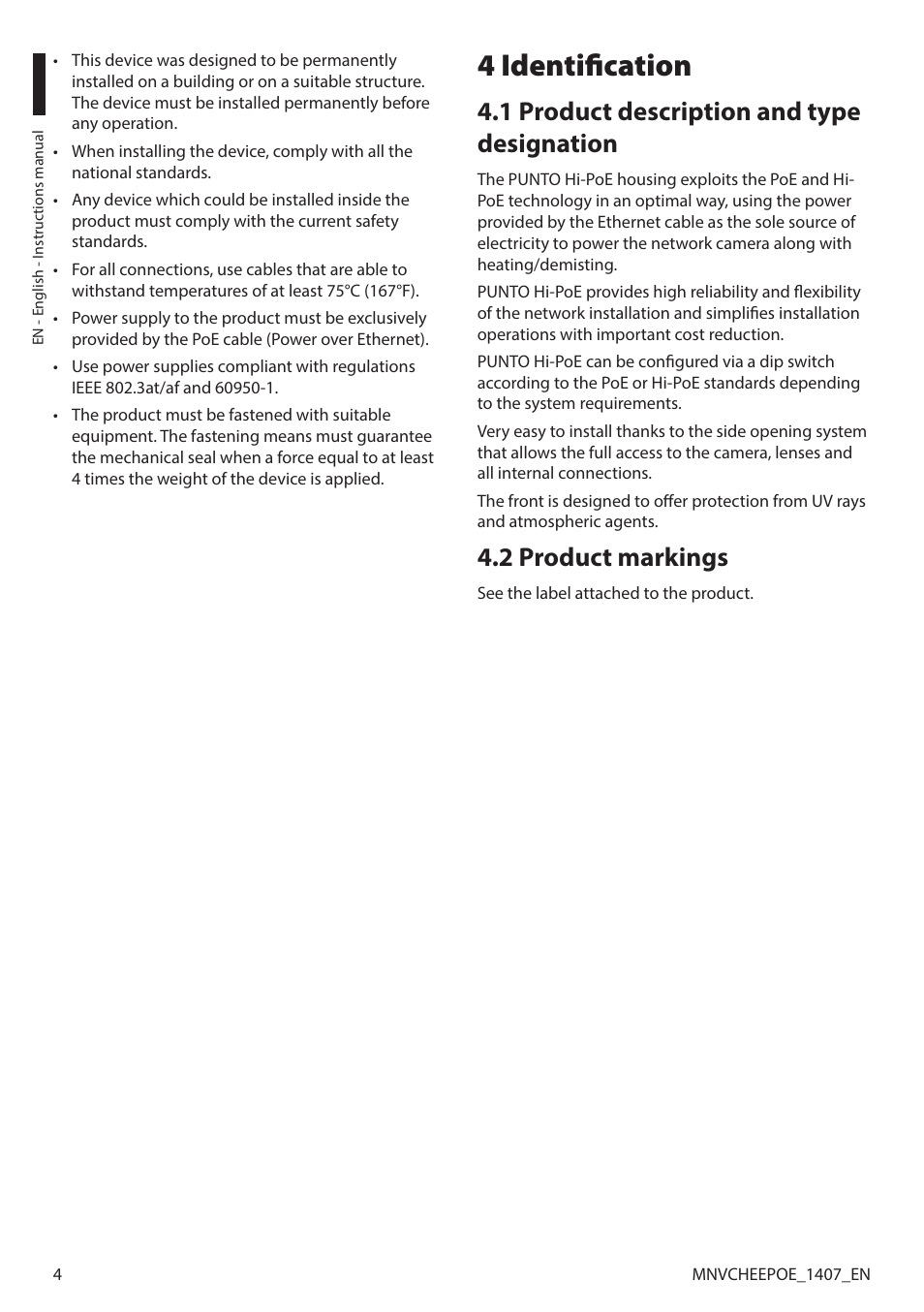 4 identification, 1 product description and type designation, 2 product markings | Videotec PUNTO HI-PoE User Manual | Page 6 / 44