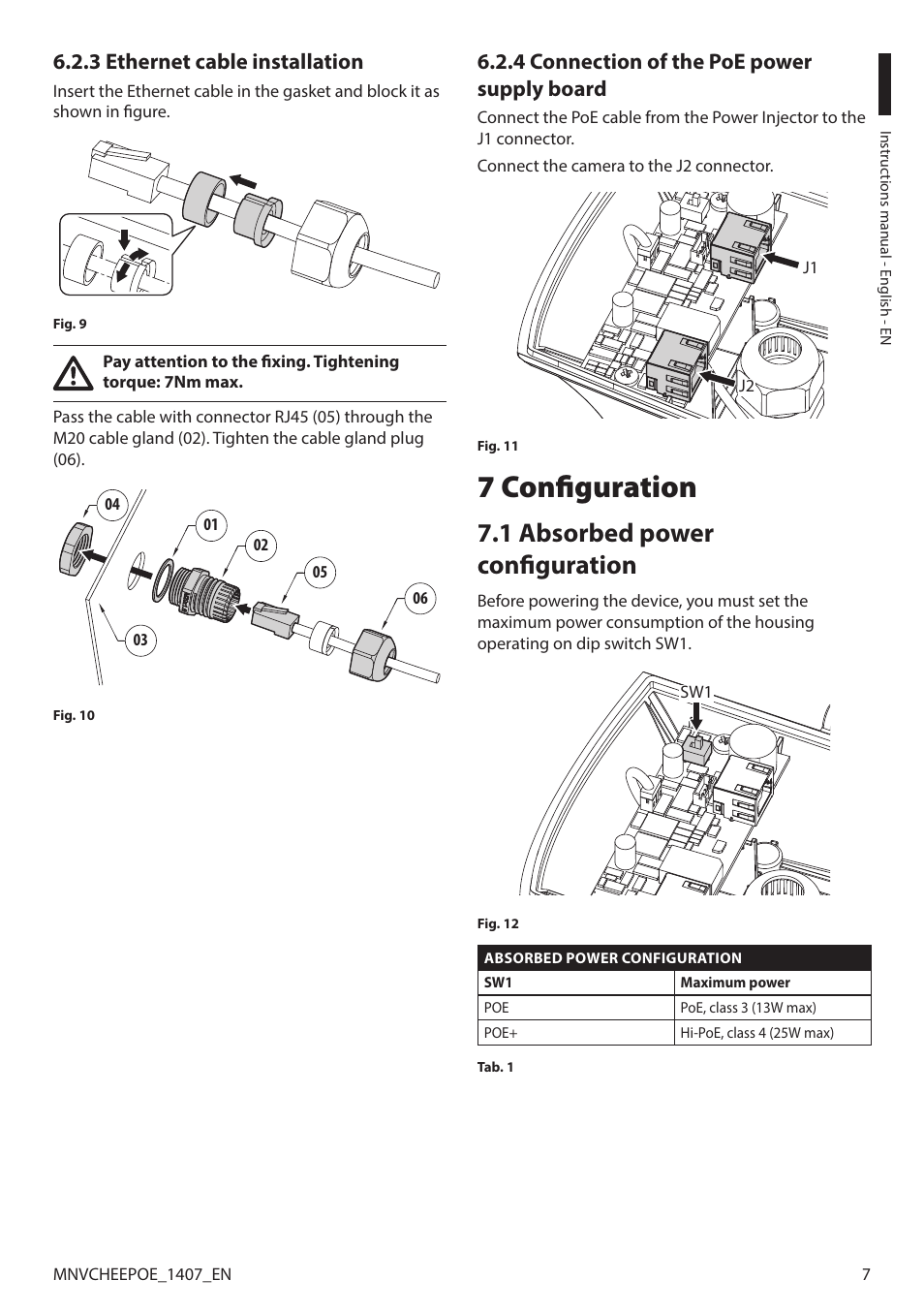 3 ethernet cable installation, 4 connection of the poe power supply board, 7 configuration | 1 absorbed power configuration | Videotec PUNTO HI-PoE User Manual | Page 9 / 44
