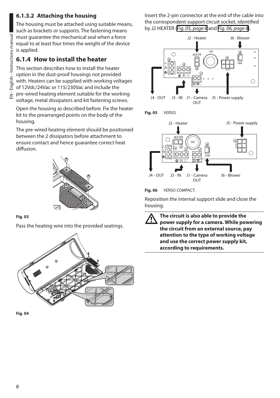 2 attaching the housing, 4 how to install the heater | Videotec VERSO POLAR User Manual | Page 10 / 60