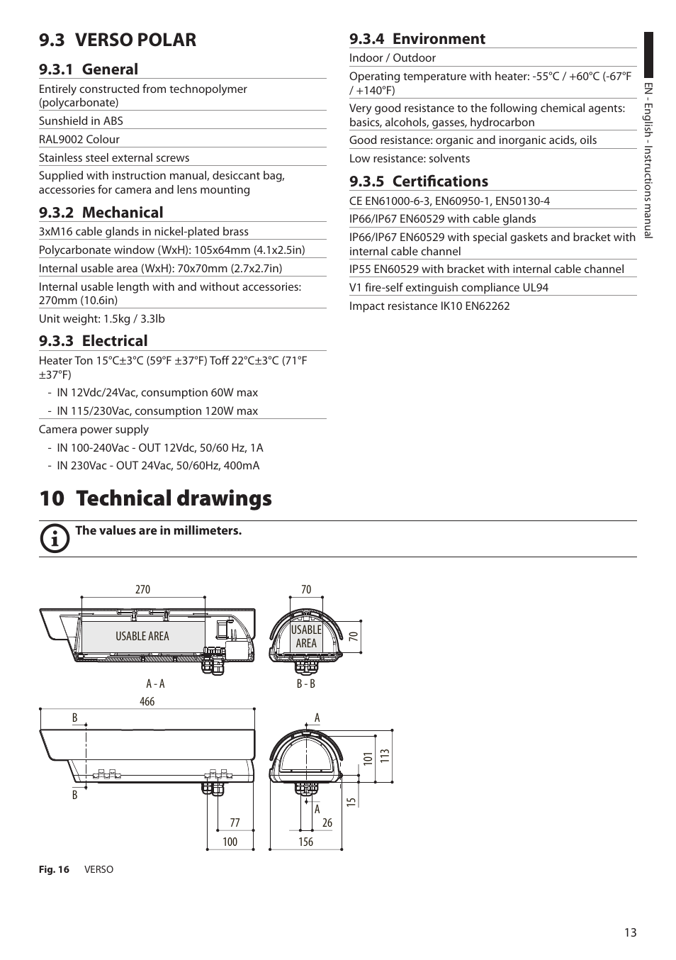 3 verso polar, 1 general, 2 mechanical | 3 electrical, 4 environment, 5 certifications, 10 technical drawings, 1 general 9.3.2 mechanical | Videotec VERSO POLAR User Manual | Page 15 / 60