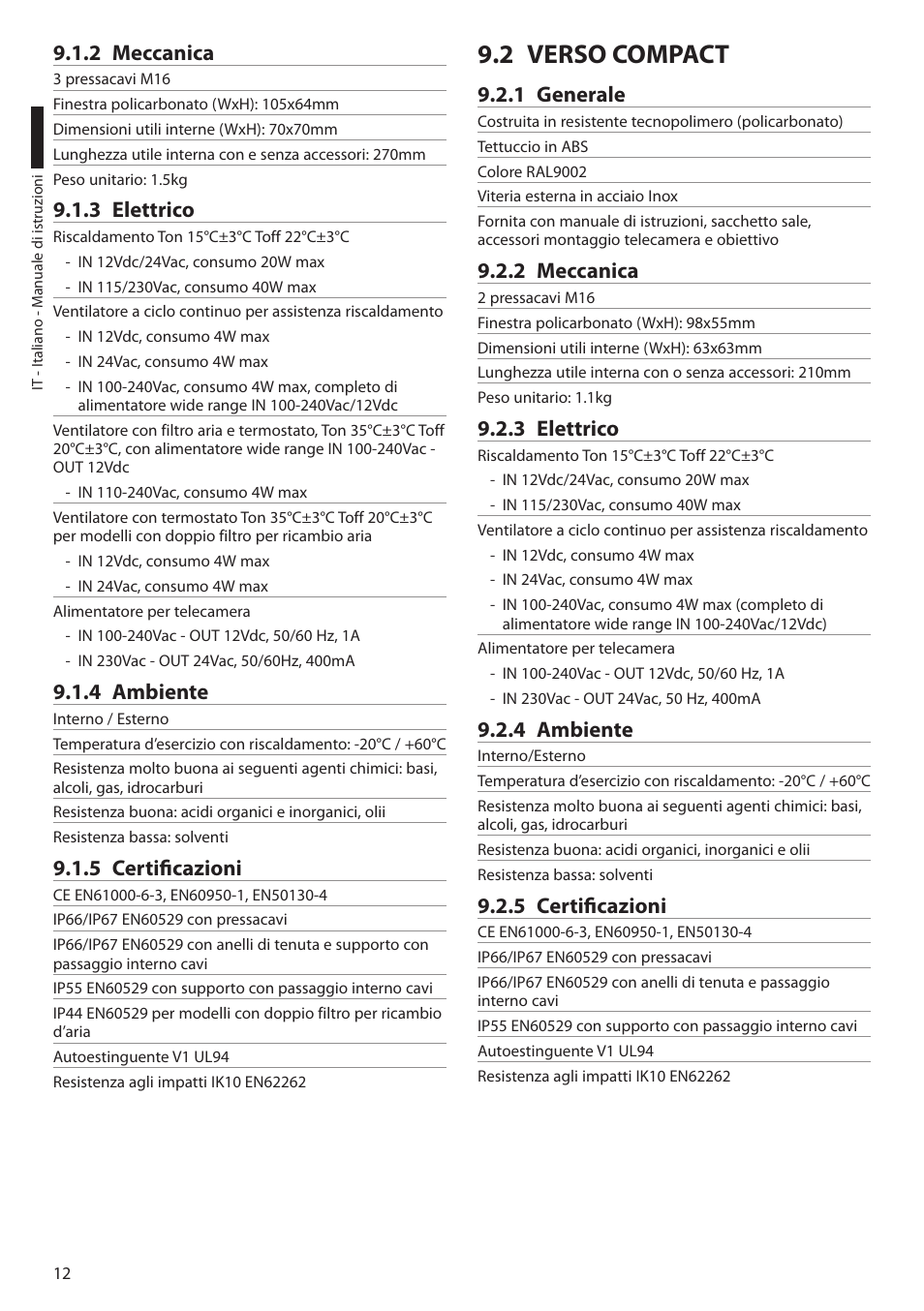 2 meccanica, 3 elettrico, 4 ambiente | 5 certificazioni, 2 verso compact, 1 generale | Videotec VERSO POLAR User Manual | Page 28 / 60