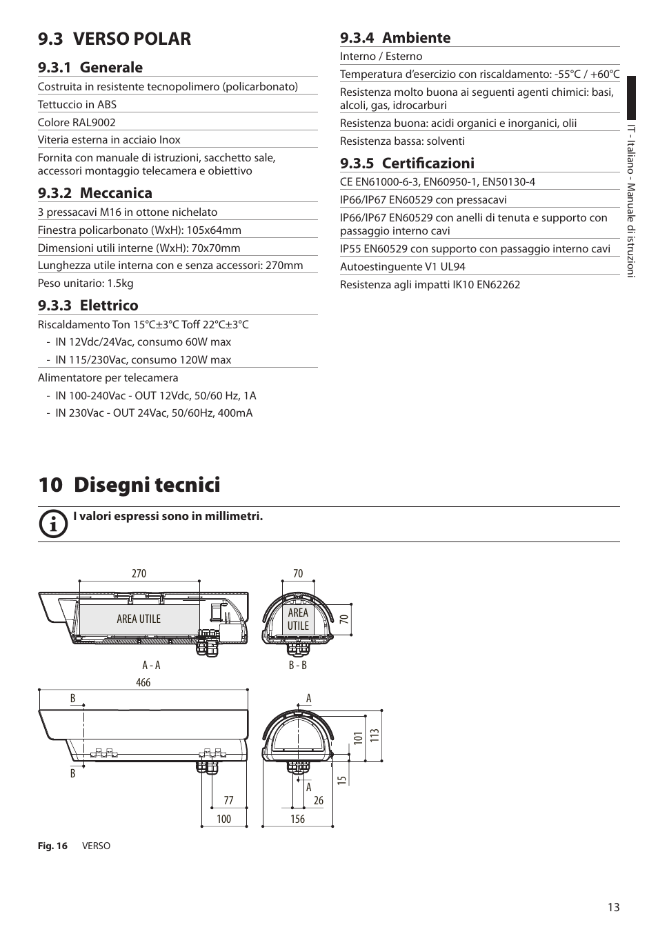 3 verso polar, 1 generale, 2 meccanica | 3 elettrico, 4 ambiente, 5 certificazioni, 10 disegni tecnici, 1 generale 9.3.2 meccanica | Videotec VERSO POLAR User Manual | Page 29 / 60